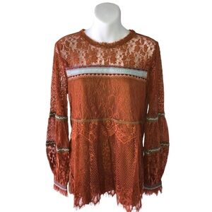 Bl-nk Tiffana Lace Tunic Top Medium NWOT brown lace long sleeve top